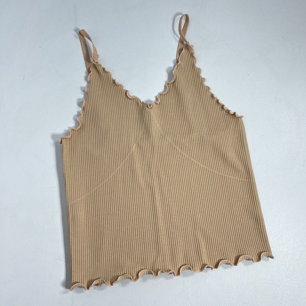 Active Basic Cropped Tank Top Small Tan Ribbed Ruffle Jersey Soft Boutique NWOT